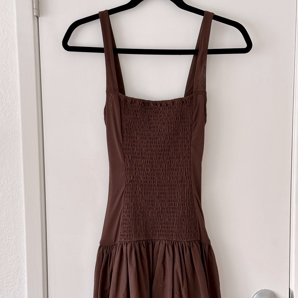WeWoreWhat Smocked Drop Waist Midi Dress in Muted Eggplant - Picture 5 of 7